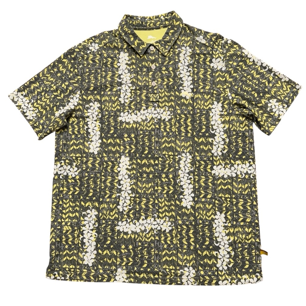 Tommy Bahama Polo Shirt Mens L Island Zone Short Sleeve Floral Abstract Yellow